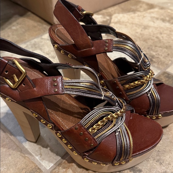 Miu Miu Brown and Gold Strappy Heels Vintage - Picture 1 of 11